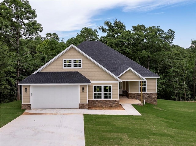 7 Boreray Ln, Bella Vista, AR 72715 - craftsman-style house featuring driveway, a front lawn, roof with shingles, and stone siding