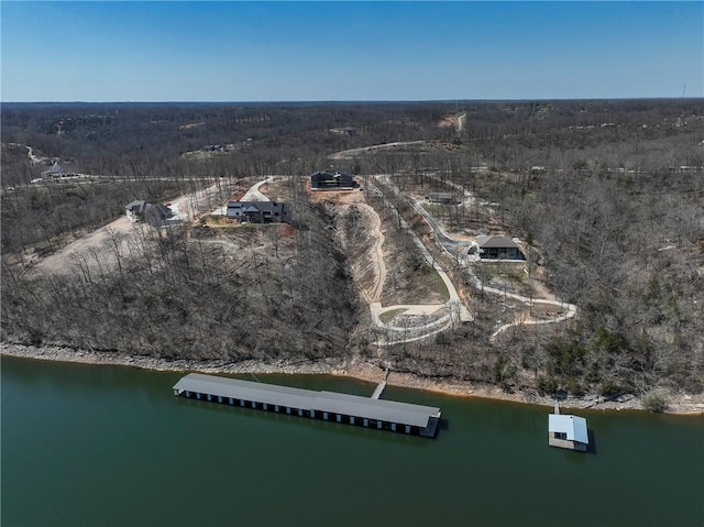aerial view with a water view and a forest view