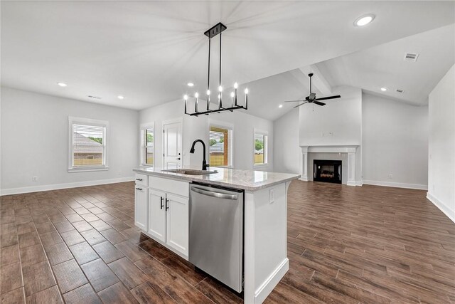 98 N Banner Ave, Farmington, AR 72730 - kitchen featuring dishwasher, a sink, open floor plan, recessed lighting, and dark wood-style floors