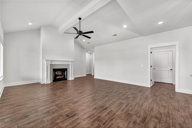 98 N Banner Ave, Farmington, AR 72730 - unfurnished living room with a ceiling fan, dark wood-type flooring, a fireplace, baseboards, and recessed lighting