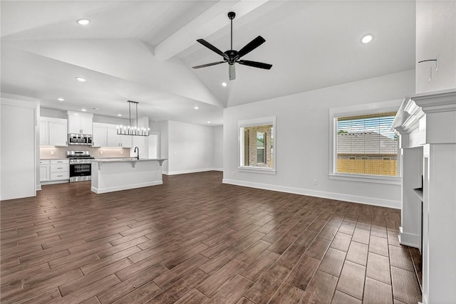 98 N Banner Ave, Farmington, AR 72730 - unfurnished living room featuring dark wood finished floors, ceiling fan, a sink, recessed lighting, and baseboards