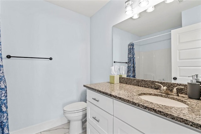 full bathroom with baseboards, marble finish floor, toilet, curtained shower, and vanity