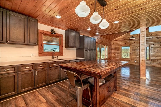 kitchen with wooden walls, wood ceiling, a sink, and dark wood-style flooring