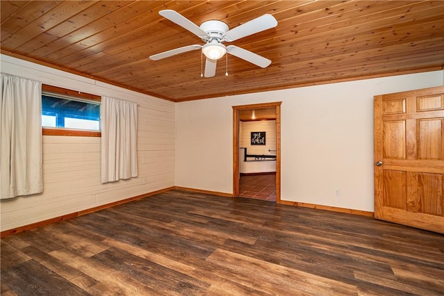 unfurnished room featuring dark wood-type flooring, a ceiling fan, baseboards, and wood ceiling