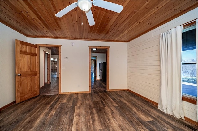 spare room with wooden ceiling, wooden walls, dark wood finished floors, baseboards, and ceiling fan