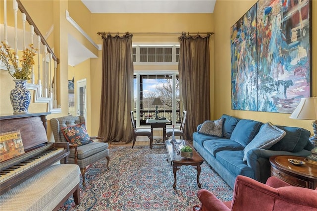 living room with stairs