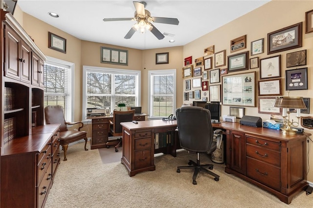 office with a ceiling fan, light carpet, and recessed lighting