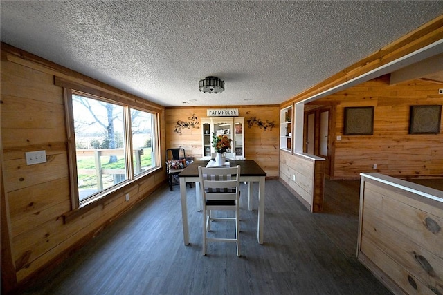 12766 Rocky Hill Rd, Prairie Grove, AR 72753 - dining space with a textured ceiling, wood walls, and dark wood-style flooring