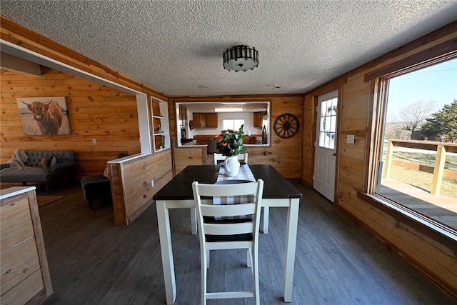 12766 Rocky Hill Rd, Prairie Grove, AR 72753 - dining area featuring a textured ceiling, wooden walls, and dark wood finished floors