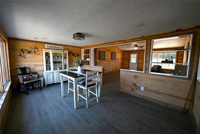 12766 Rocky Hill Rd, Prairie Grove, AR 72753 - dining space with ceiling fan, wood finished floors, and wood walls