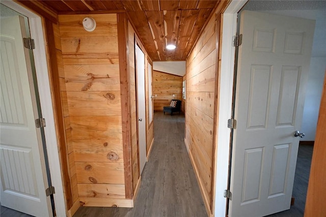 12766 Rocky Hill Rd, Prairie Grove, AR 72753 - corridor featuring wood finished floors, wood walls, and wooden ceiling