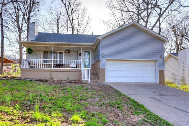 1801 Cash St, Neosho, MO 64850 - ranch-style house featuring a porch, a garage, a chimney, driveway, and roof with shingles