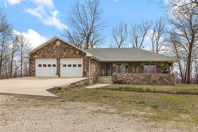 1120 County Road 6012, Berryville, AR 72616 - ranch-style house featuring stone siding, an attached garage, roof with shingles, driveway, and a porch