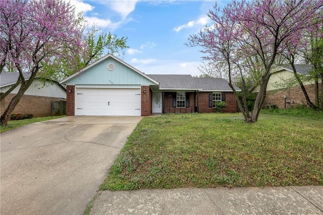 4292 W Beaver Ln, Fayetteville, AR 72704 - ranch-style home featuring brick siding, concrete driveway, an attached garage, a front lawn, and a shingled roof