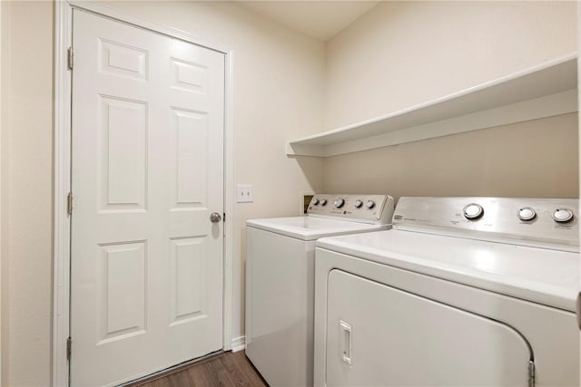 4292 W Beaver Ln, Fayetteville, AR 72704 - laundry room featuring washer and dryer and dark wood-style floors