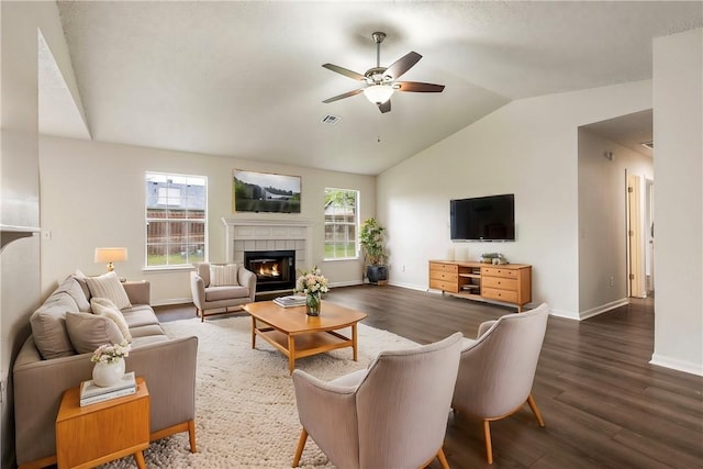 4292 W Beaver Ln, Fayetteville, AR 72704 - living room featuring lofted ceiling, baseboards, a ceiling fan, and wood finished floors