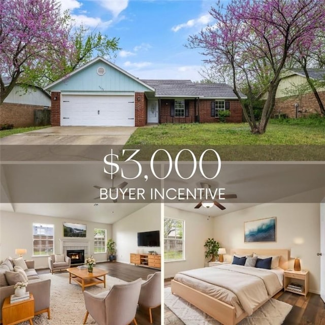 4292 W Beaver Ln, Fayetteville, AR 72704 - bedroom with wood finished floors, a lit fireplace, lofted ceiling, and multiple windows