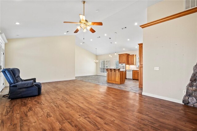 11992 Cripps Rd, Gentry, AR 72734 - living room featuring high vaulted ceiling, light wood finished floors, baseboards, ceiling fan, and recessed lighting