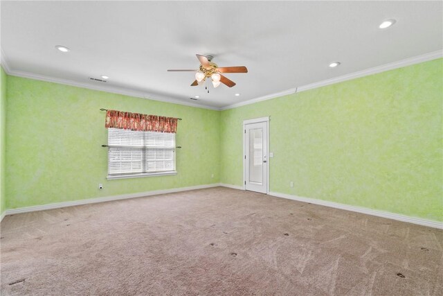 11992 Cripps Rd, Gentry, AR 72734 - carpeted empty room with baseboards, ornamental molding, recessed lighting, and a ceiling fan