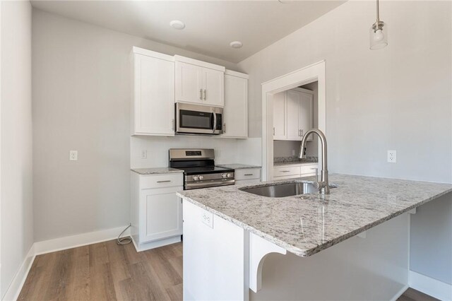 852 S Waxflower Ave, Fayetteville, AR 72701 - kitchen with light stone counters, a sink, white cabinetry, wood finished floors, and appliances with stainless steel finishes