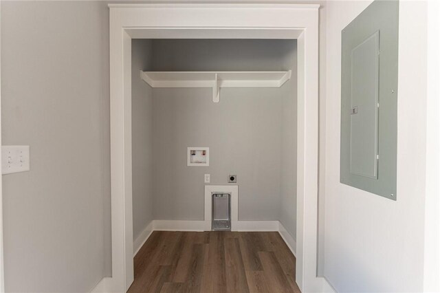 852 S Waxflower Ave, Fayetteville, AR 72701 - washroom with electric panel, hookup for a washing machine, laundry area, dark wood finished floors, and electric dryer hookup