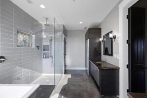 1053 Tucker Mountain Rd, Dover, AR 72837 - bathroom with recessed lighting, vanity, baseboards, and a stall shower