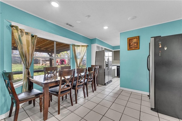 dining area featuring light tile patterned flooring, visible vents, baseboards, ornamental molding, and recessed lighting