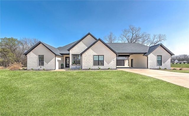1410 River Point Rd, Fayetteville, AR 72703 - french country inspired facade with concrete driveway, a front yard, an attached carport, and brick siding