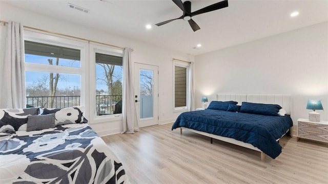225 SE 7th St, Bentonville, AR 72712 - bedroom featuring access to outside, light wood-style flooring, recessed lighting, and a ceiling fan