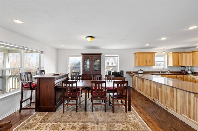 dining space featuring recessed lighting, baseboards, and wood finished floors