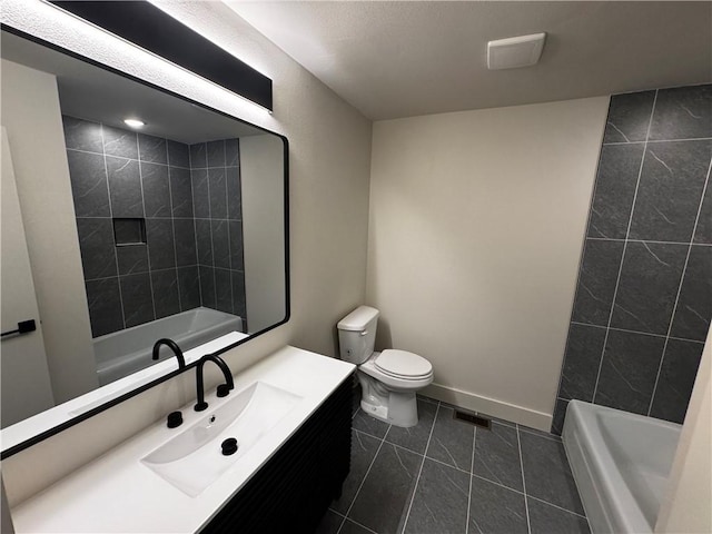 bathroom with vanity, shower / bath combination, toilet, baseboards, and visible vents