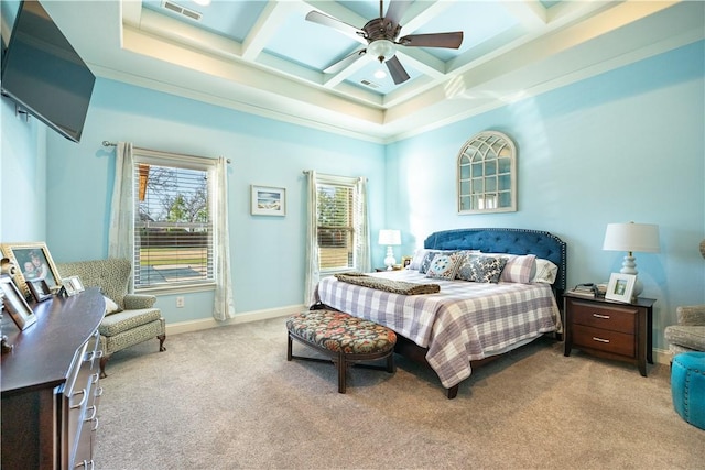 bedroom with coffered ceiling, visible vents, beamed ceiling, light carpet, and ornamental molding