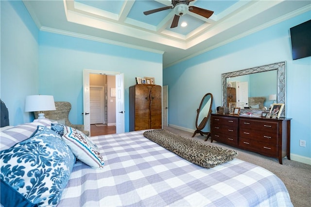 bedroom with coffered ceiling, beam ceiling, baseboards, and ornamental molding
