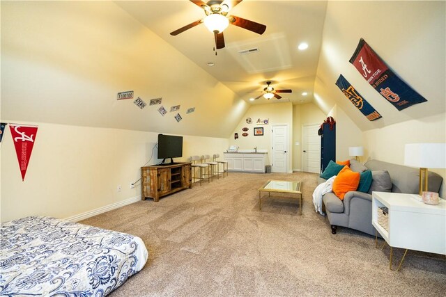 bedroom featuring lofted ceiling, visible vents, recessed lighting, ceiling fan, and carpet floors