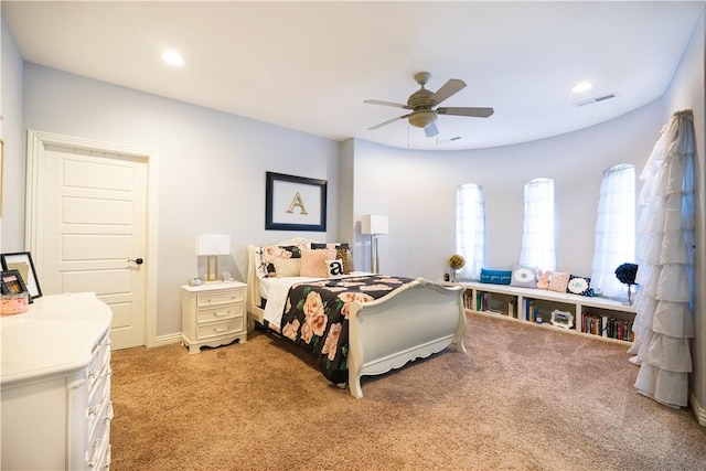 bedroom with visible vents, recessed lighting, ceiling fan, light carpet, and baseboards