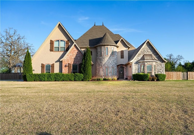 view of front facade featuring stone siding, fence, and a front yard