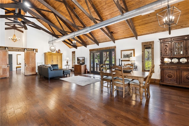 617 N Fallin Ave, Fayetteville, AR 72701 - dining room with a notable chandelier, wood ceiling, a barn door, beamed ceiling, and hardwood / wood-style floors