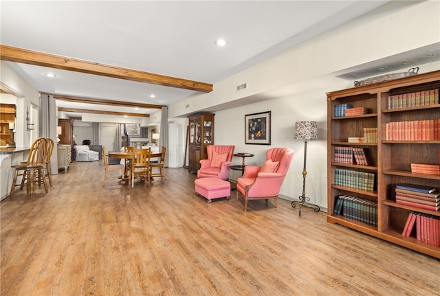 617 N Fallin Ave, Fayetteville, AR 72701 - sitting room featuring visible vents, wood finished floors, beam ceiling, and recessed lighting
