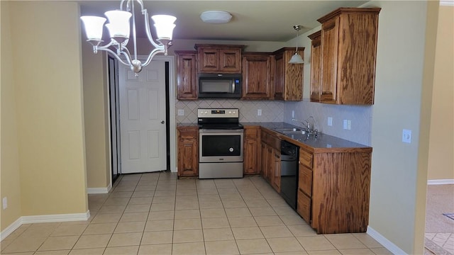 3210 S 3rd St, Rogers, AR 72758 - kitchen with black appliances, a chandelier, tasteful backsplash, and light tile patterned floors