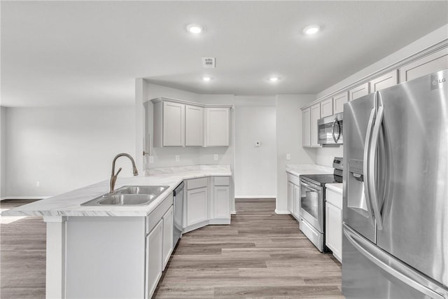 1405 Corsac St, Siloam Springs, AR 72761 - kitchen featuring stainless steel appliances, a sink, a peninsula, light wood-style flooring, and light countertops