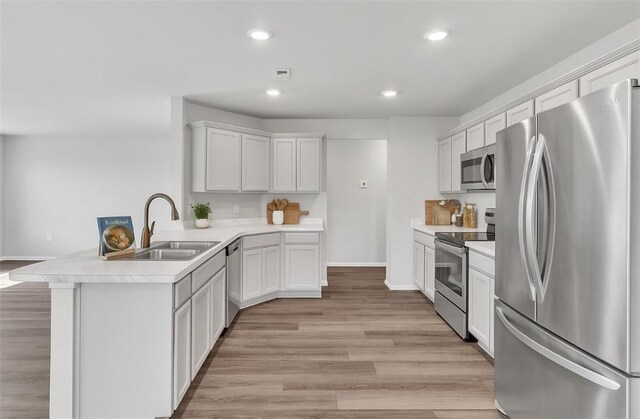 1405 Corsac St, Siloam Springs, AR 72761 - kitchen featuring appliances with stainless steel finishes, a peninsula, a sink, baseboards, and light countertops