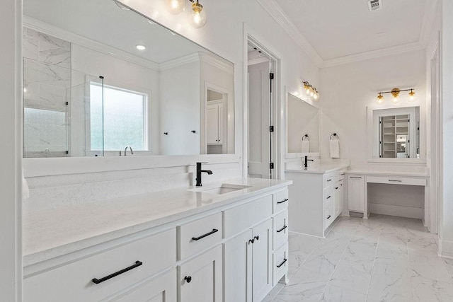 full bath with a sink, ornamental molding, two vanities, marble finish floor, and a stall shower