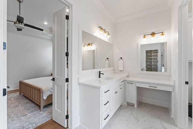 ensuite bathroom featuring crown molding, ensuite bathroom, vanity, recessed lighting, and marble finish floor