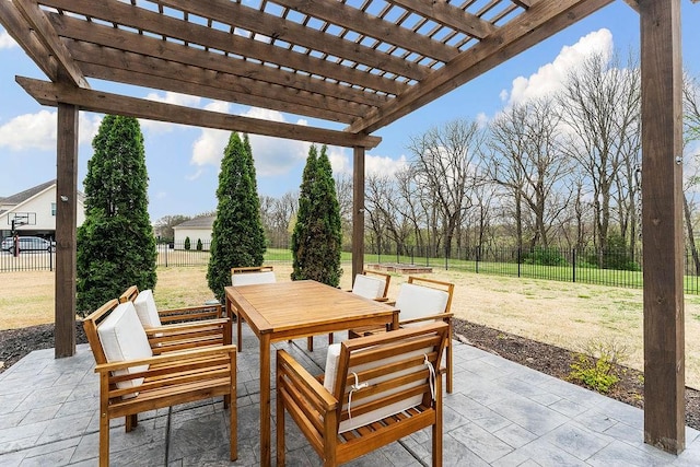 view of patio with a fenced backyard, outdoor dining space, and a pergola
