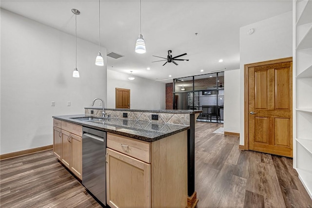 321 E Lafayette St Unit 103, Fayetteville, AR 72701 - kitchen featuring stainless steel dishwasher, a sink, dark wood-style flooring, baseboards, and recessed lighting