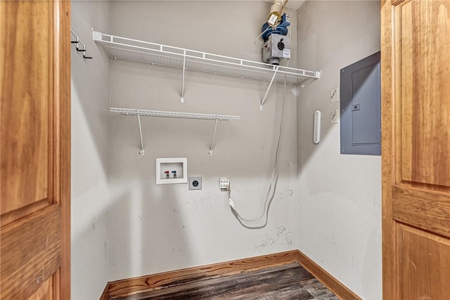 321 E Lafayette St Unit 103, Fayetteville, AR 72701 - laundry area featuring electric panel, hookup for an electric dryer, hookup for a washing machine, wood finished floors, and attic access