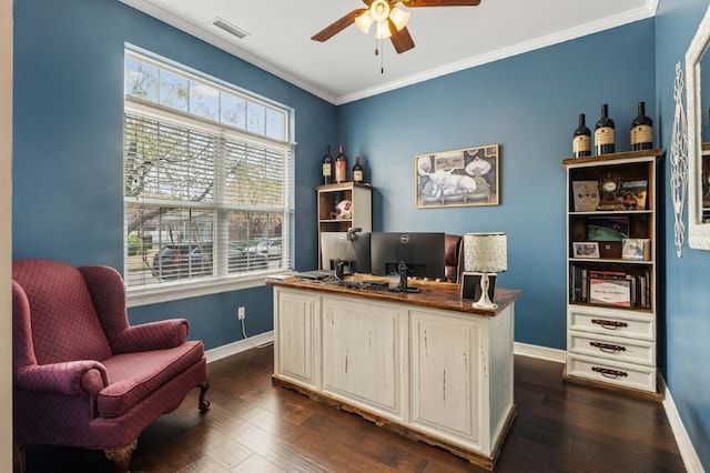 6628 Bernice Ave, Springdale, AR 72762 - office space with a ceiling fan, baseboards, crown molding, and dark wood-style flooring