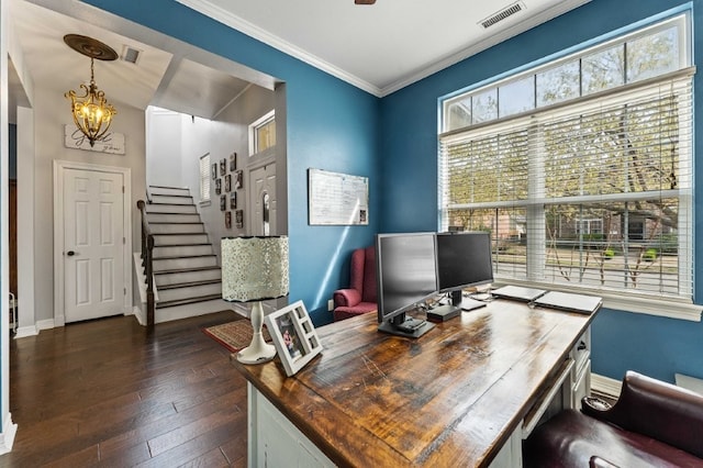 6628 Bernice Ave, Springdale, AR 72762 - office with a chandelier, dark wood-style flooring, crown molding, and baseboards