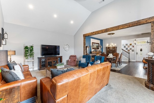 6628 Bernice Ave, Springdale, AR 72762 - living area featuring a chandelier, high vaulted ceiling, wood finished floors, baseboards, and recessed lighting