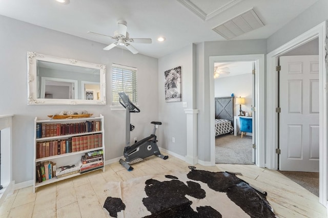 6628 Bernice Ave, Springdale, AR 72762 - workout area featuring ceiling fan, wood finished floors, recessed lighting, and baseboards